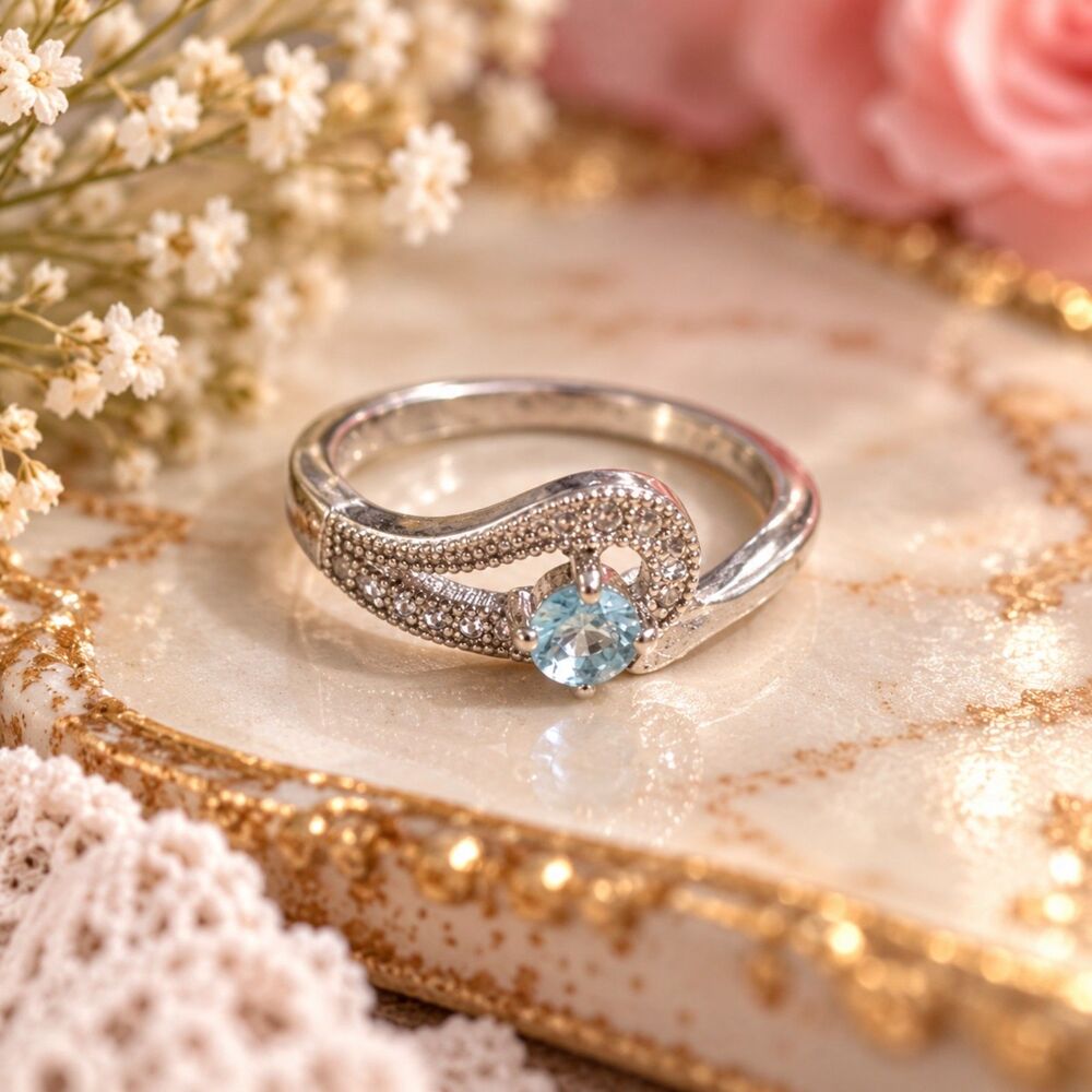 Silver Tone Aqua Blue Crystal Ring Swirl Rhinestone Wave Statement Ring Size 7.5